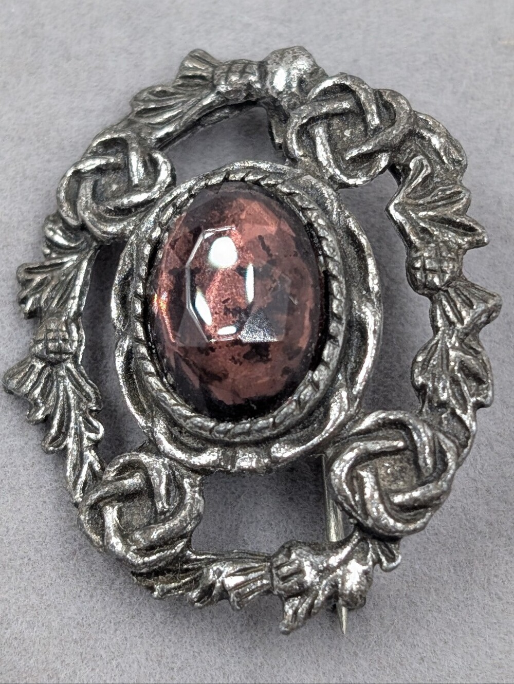 Vintage Celtic Revival Brooch Pink Glass Scottish Knot Silver Tone | M236